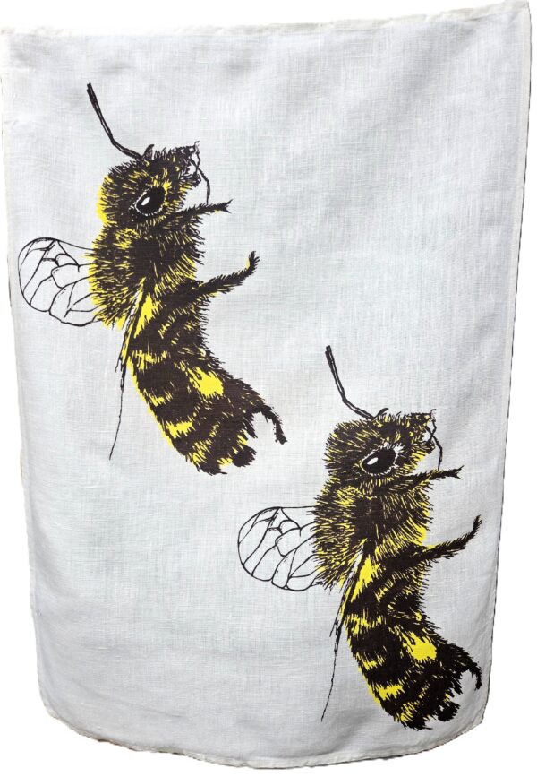 2 Honey Bees White Linen Tea Towel