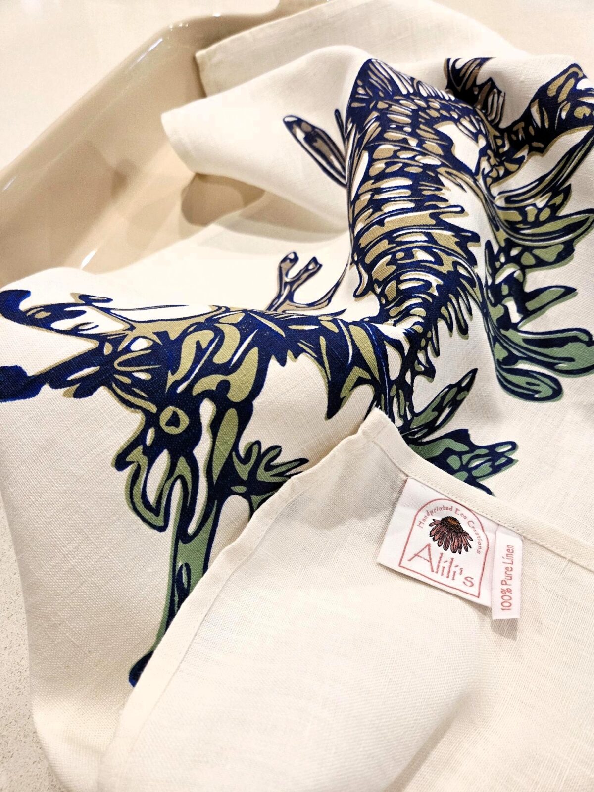 Leafy Sea Dragon Natural White Linen Tea Towel