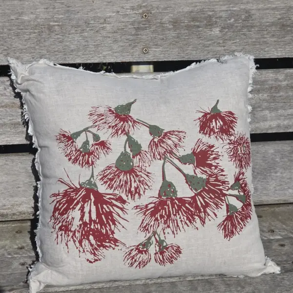 French Linen Red Wildfire Blossoms Cushion Cover