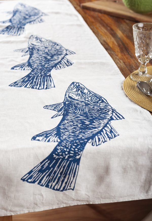 Hand screen-printed linen table runner with Australian barramundi design