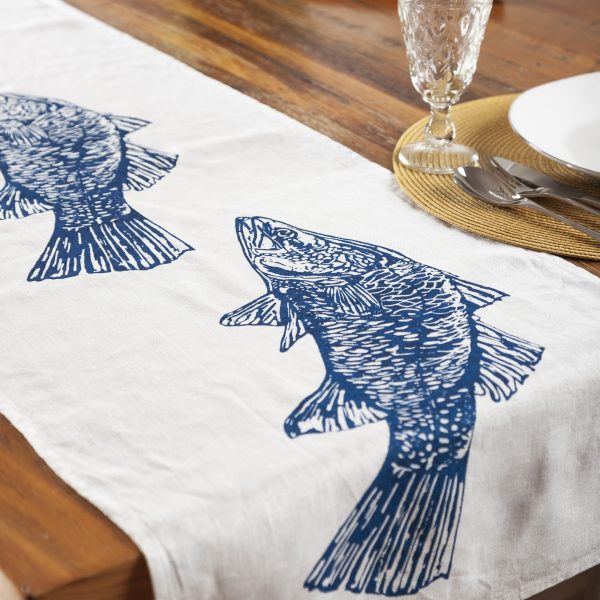 Detail of Australian barramundi design on hand screen-printed linen table runner