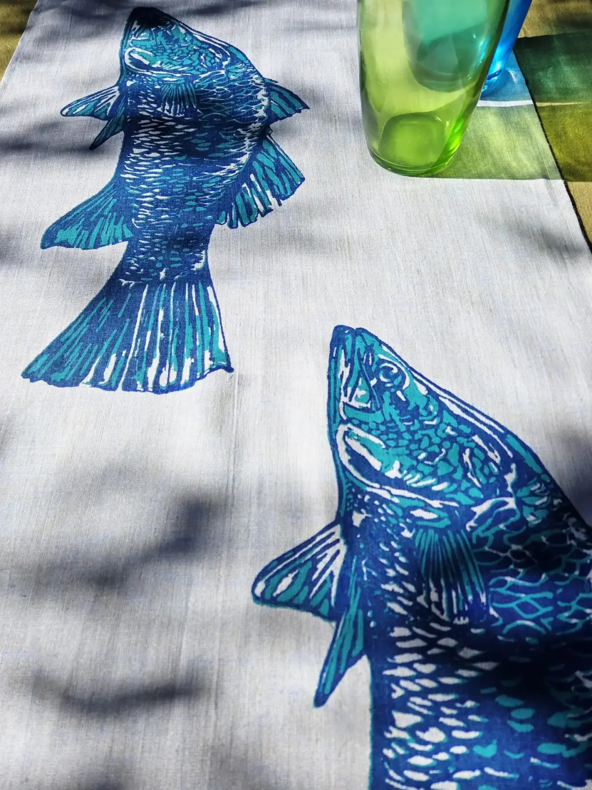 Teal Marine Blue Colourway on Blue Flax Linen
