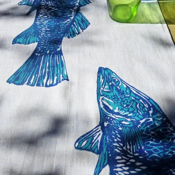 Teal Marine Blue Colourway on Blue Flax Linen