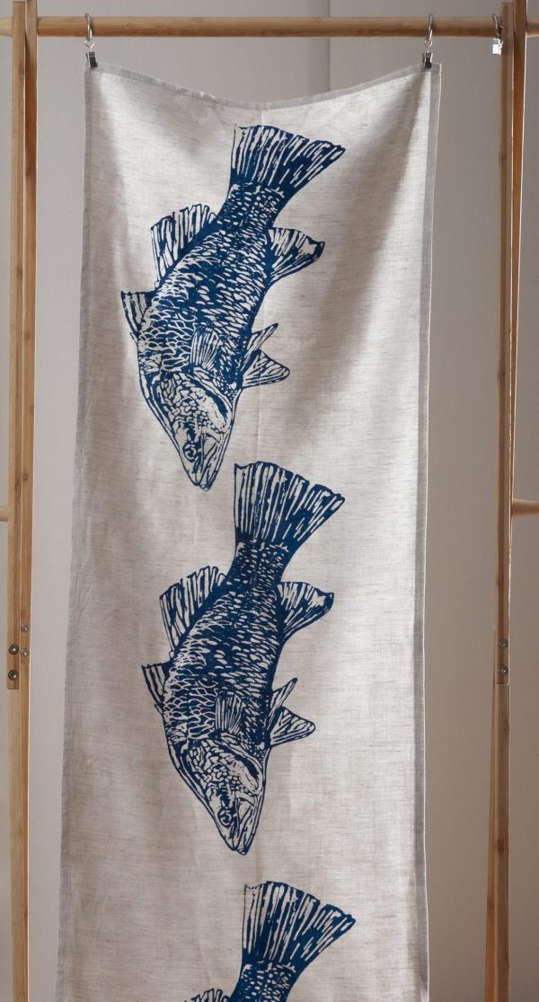 Texture of linen with hand-printed blue Australian barramundi illustration