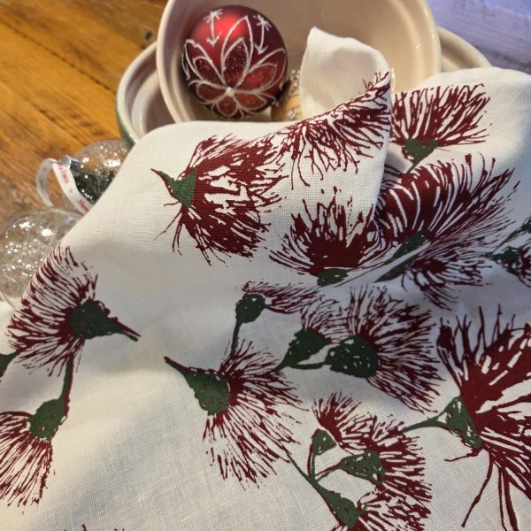 Red Wildfire Festive Blossoms White Linen Tea Towel