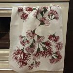 Red Wildfire Festive Blossoms on White Linen Tea Towel