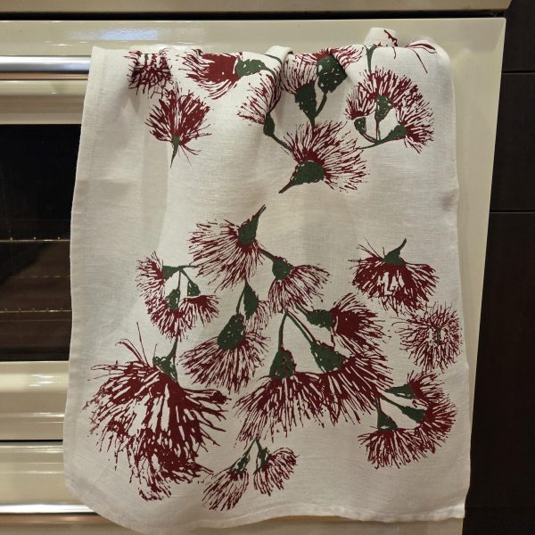 Red Wildfire Festive Blossoms on White Linen Tea Towel