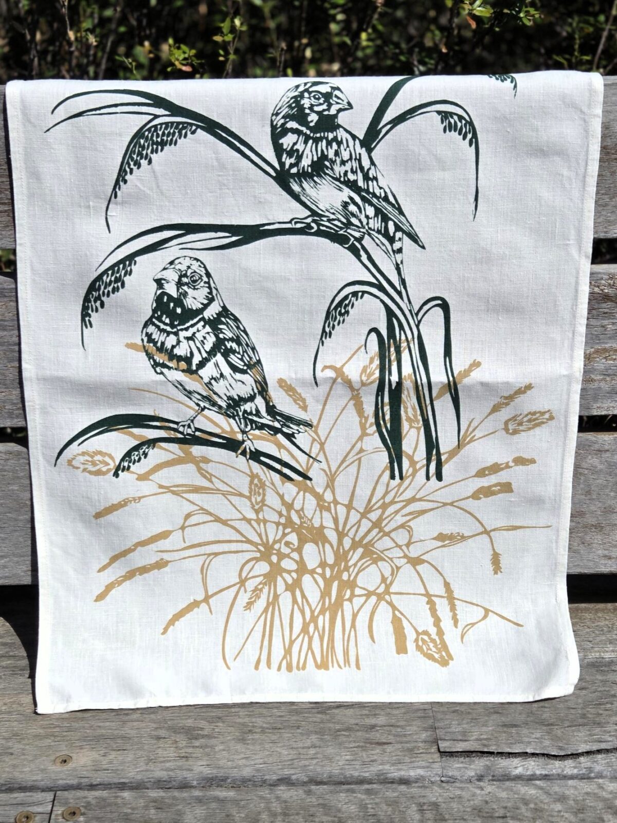 100% Hand printed Linen Tea Towel- Two Finches