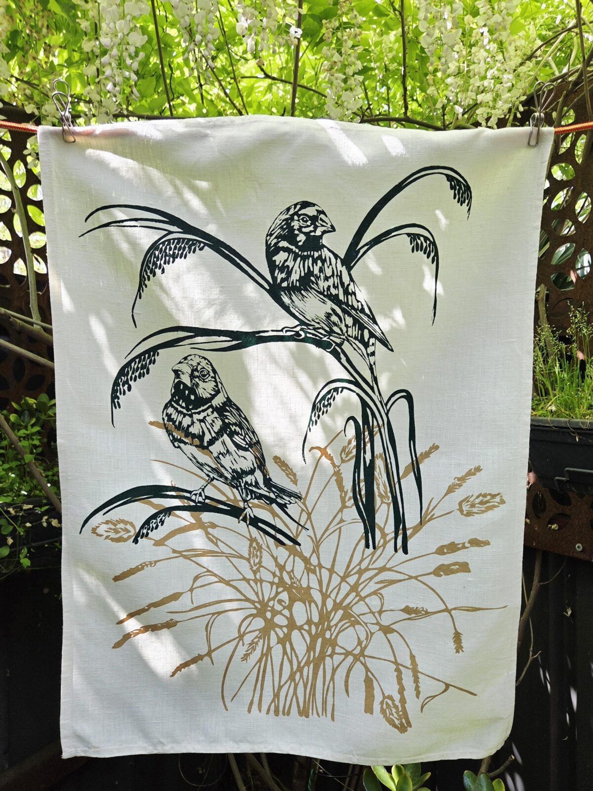 Linen Natural White Tea Towel-Two Finches