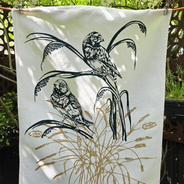 Linen Natural White Tea Towel-Two Finches