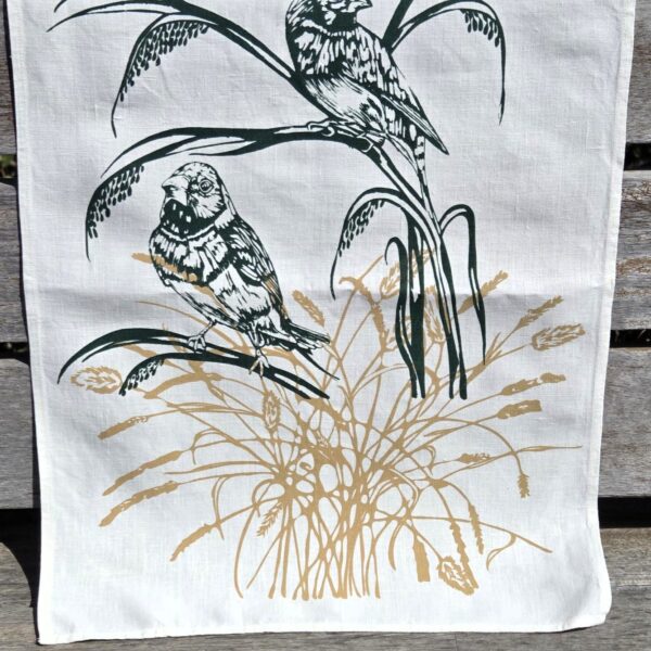 100% Hand printed Linen Tea Towel- Two Finches